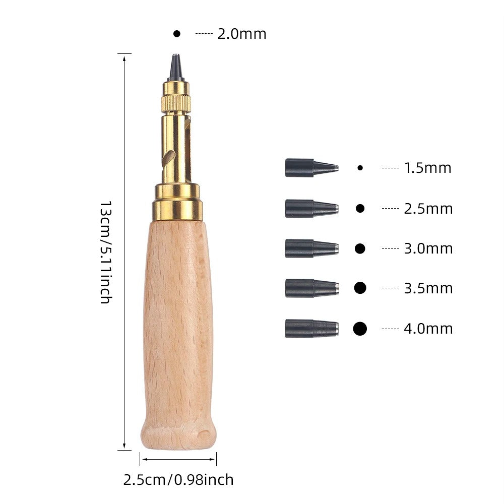 Rotary leather punch tool with light wooden handle and size chart (2.0β4.0mm)