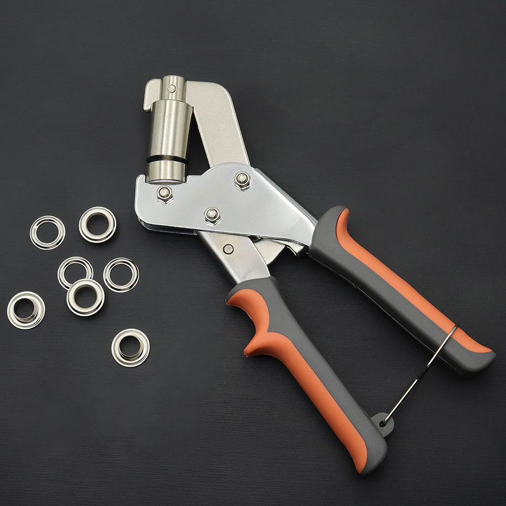Eyelet setting pliers with orange handles and metal grommets