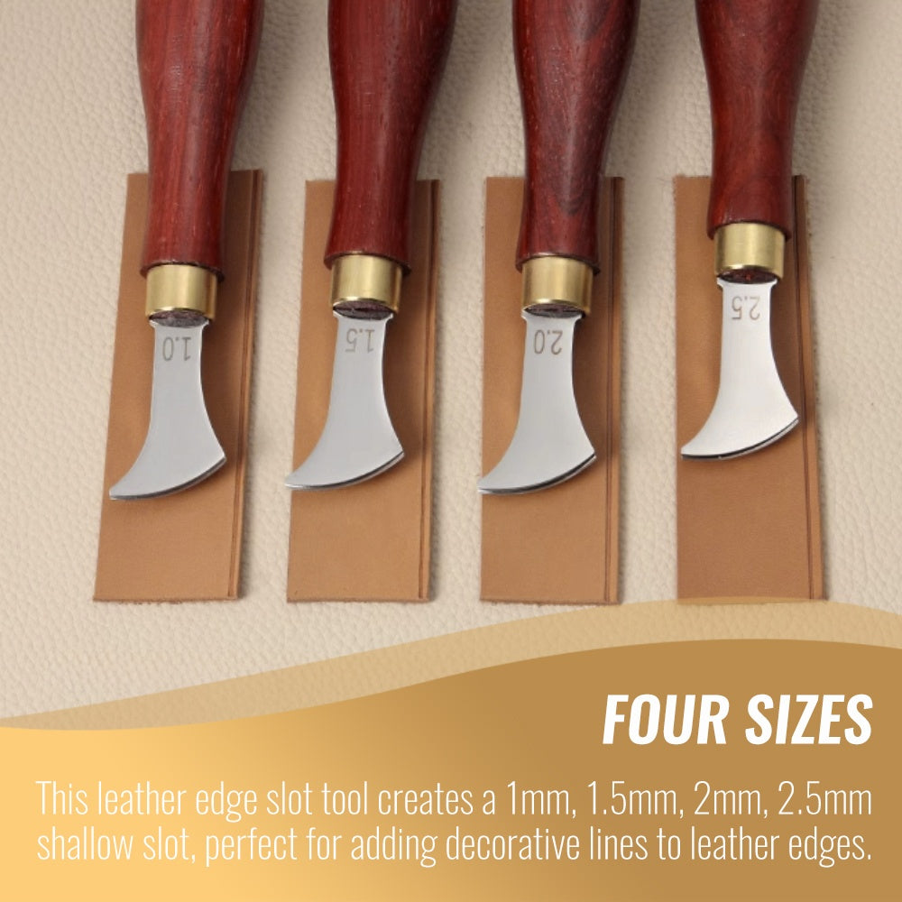 Four leather edge slot tools with curved metal blades and dark wood handles, gold rings