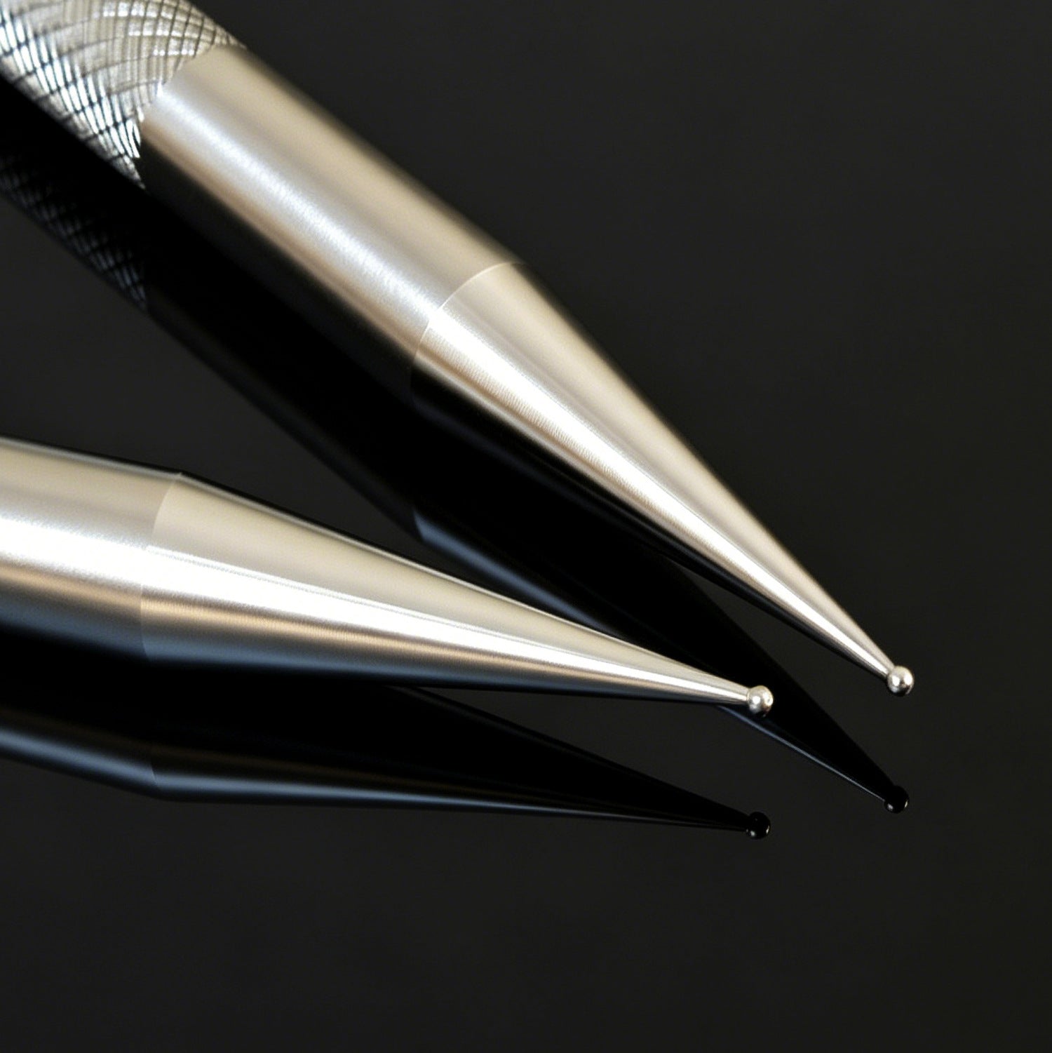Leather carving marking pen, stainless steel, close-up of pointed tips and textured grip