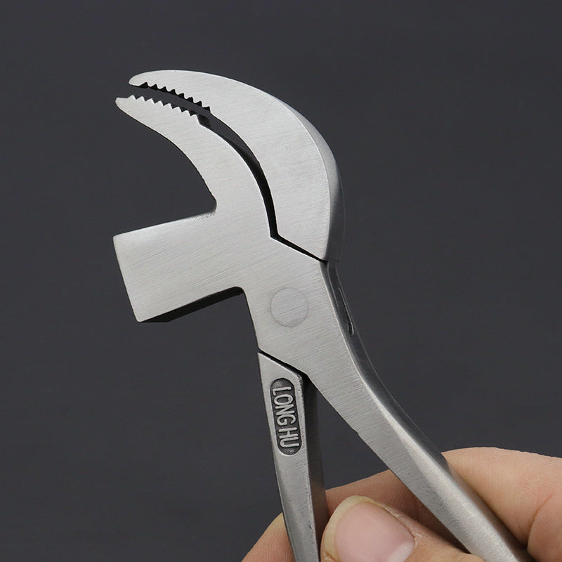 Stainless steel bird-nose pliers with serrated beak jaw and visible logo