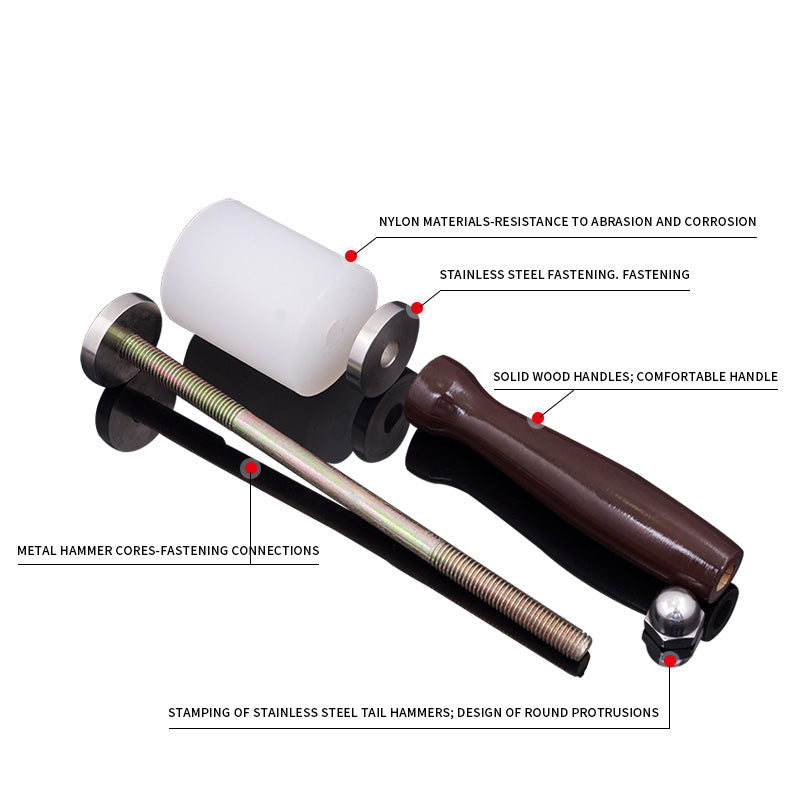Pair of nylon mallets with white and black heads, brown wooden handles and metal caps