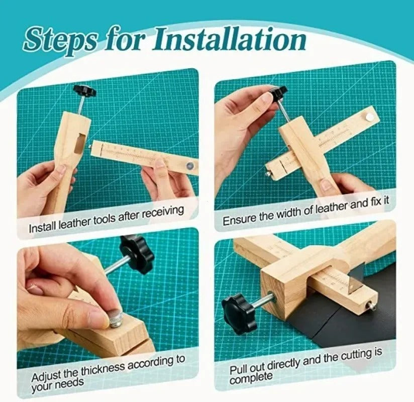 Leather strap cutter installation steps showing tool parts and hands adjusting width