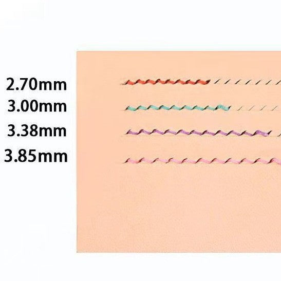 Leather stitching pattern samples with zigzag seams in red, teal, and purple