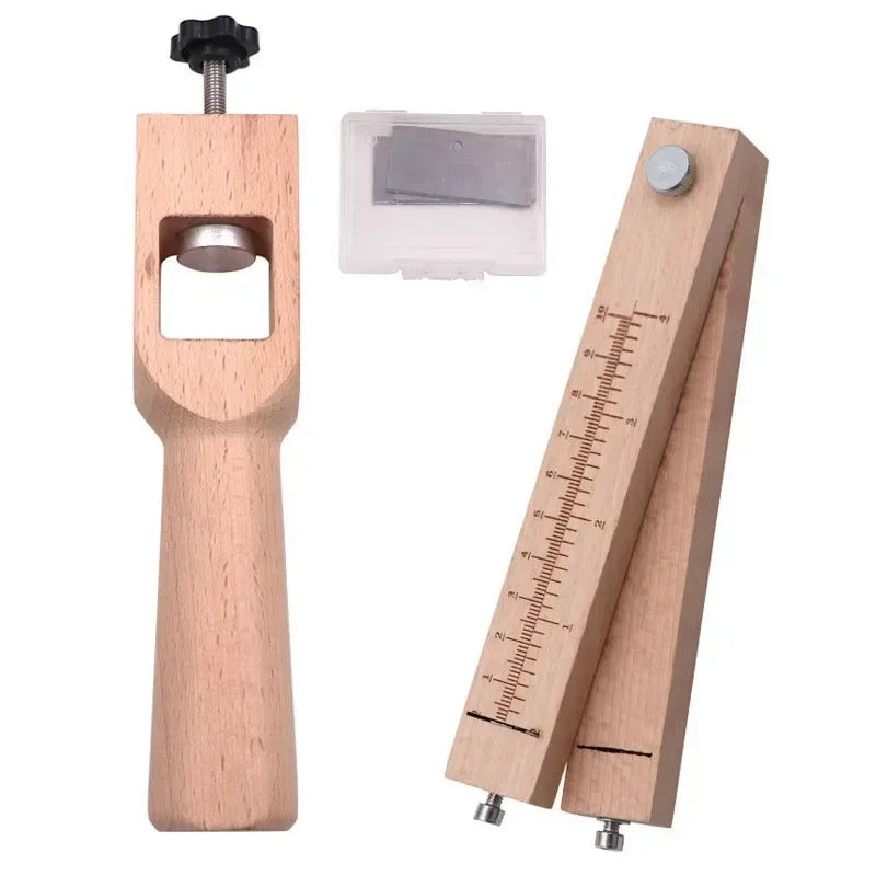 Wooden leather strap cutter with blade holder, ruler scale, and spare blade
