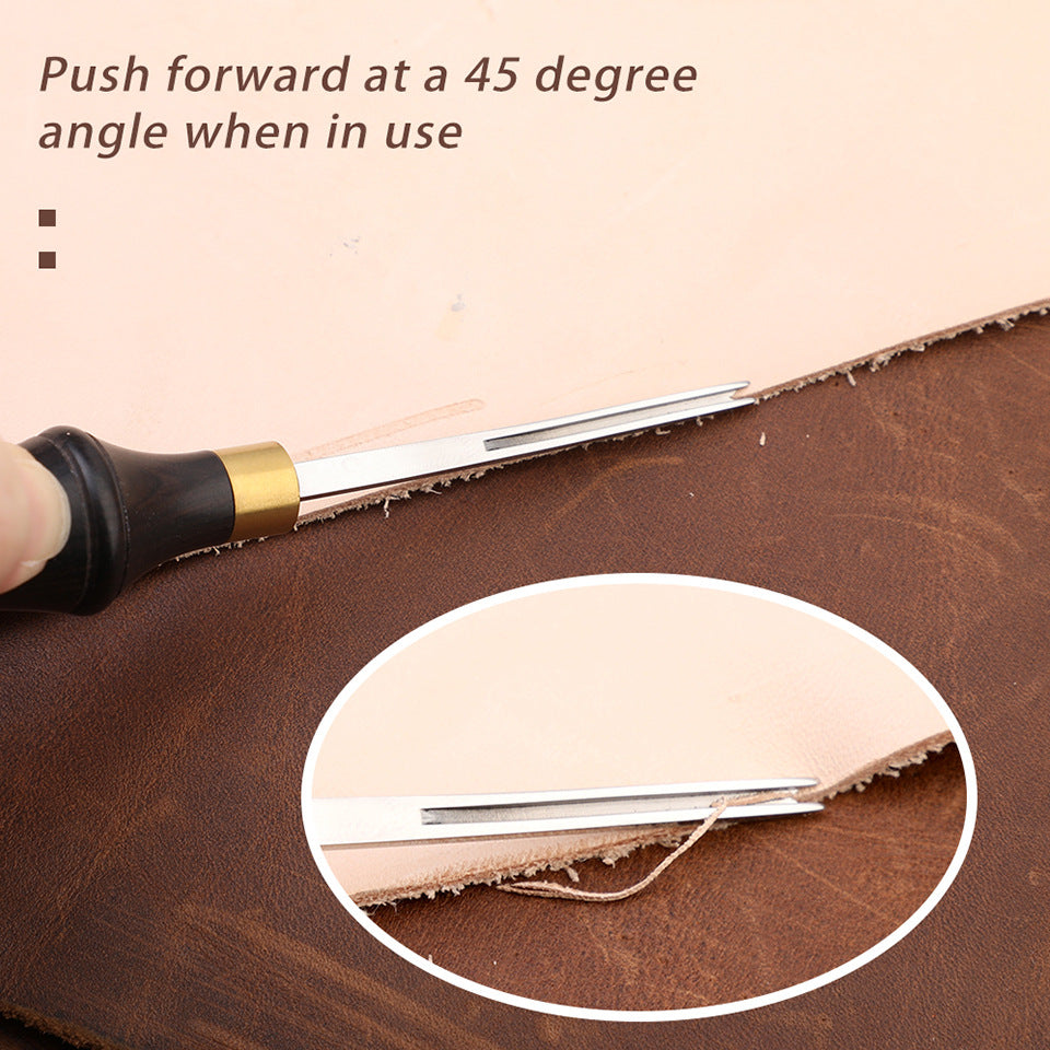 Leather beveler tool with wide metal blade for smoothing leather edges