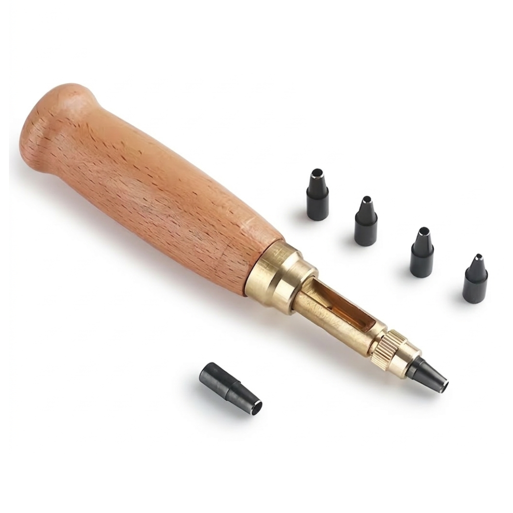 Rotary Leather Punch Tool with Wooden Handle 6 Interchangeable Heads