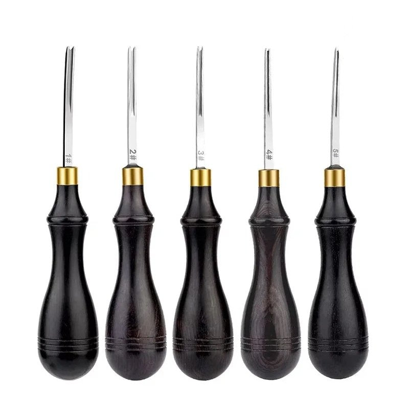 Set of five leather edge beveler tools with dark handles and brass accents