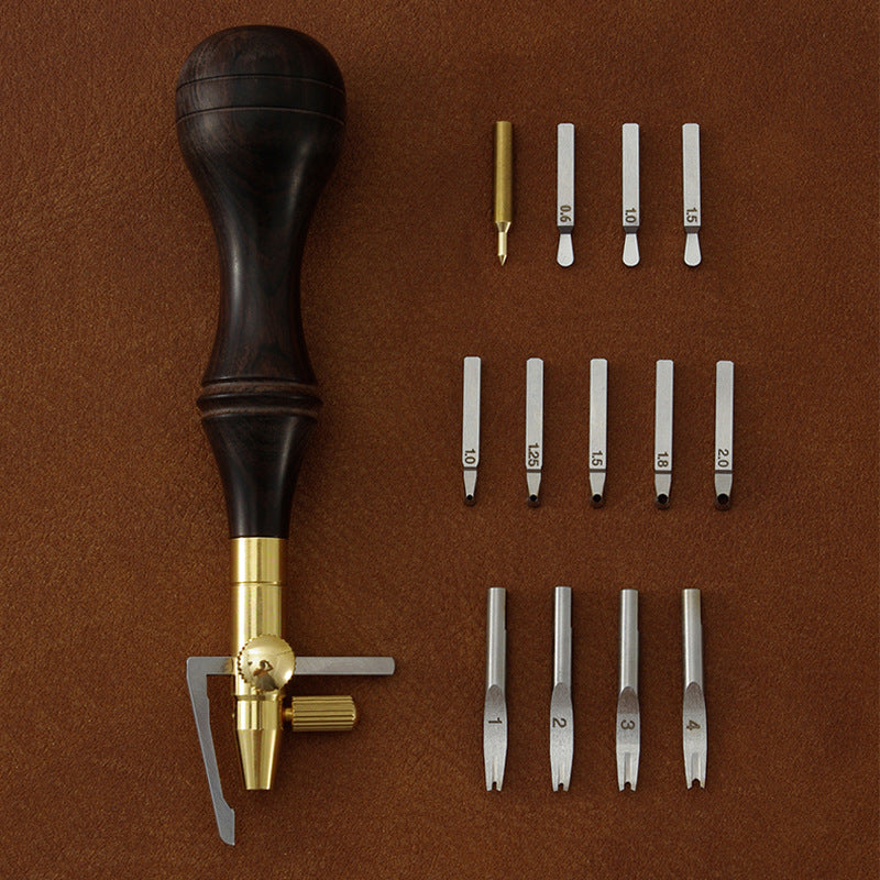 Leather edge cutter handle set with multiple silver trenching blades