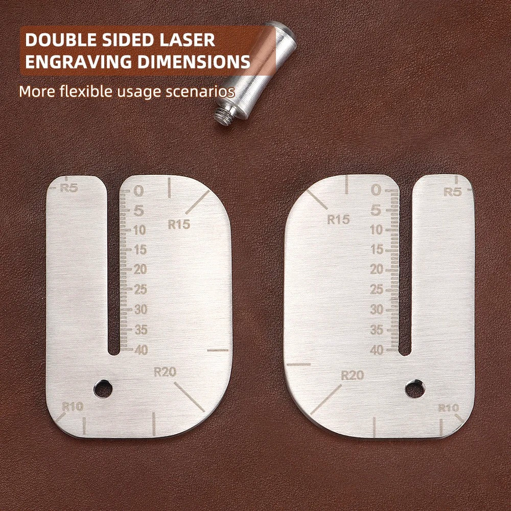 Leather stitching punch guide with two engraved templates for rounded corner sizes