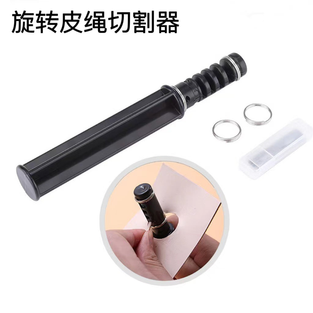 Leather rope cutting tool with black handle, included metal rings, and small guide