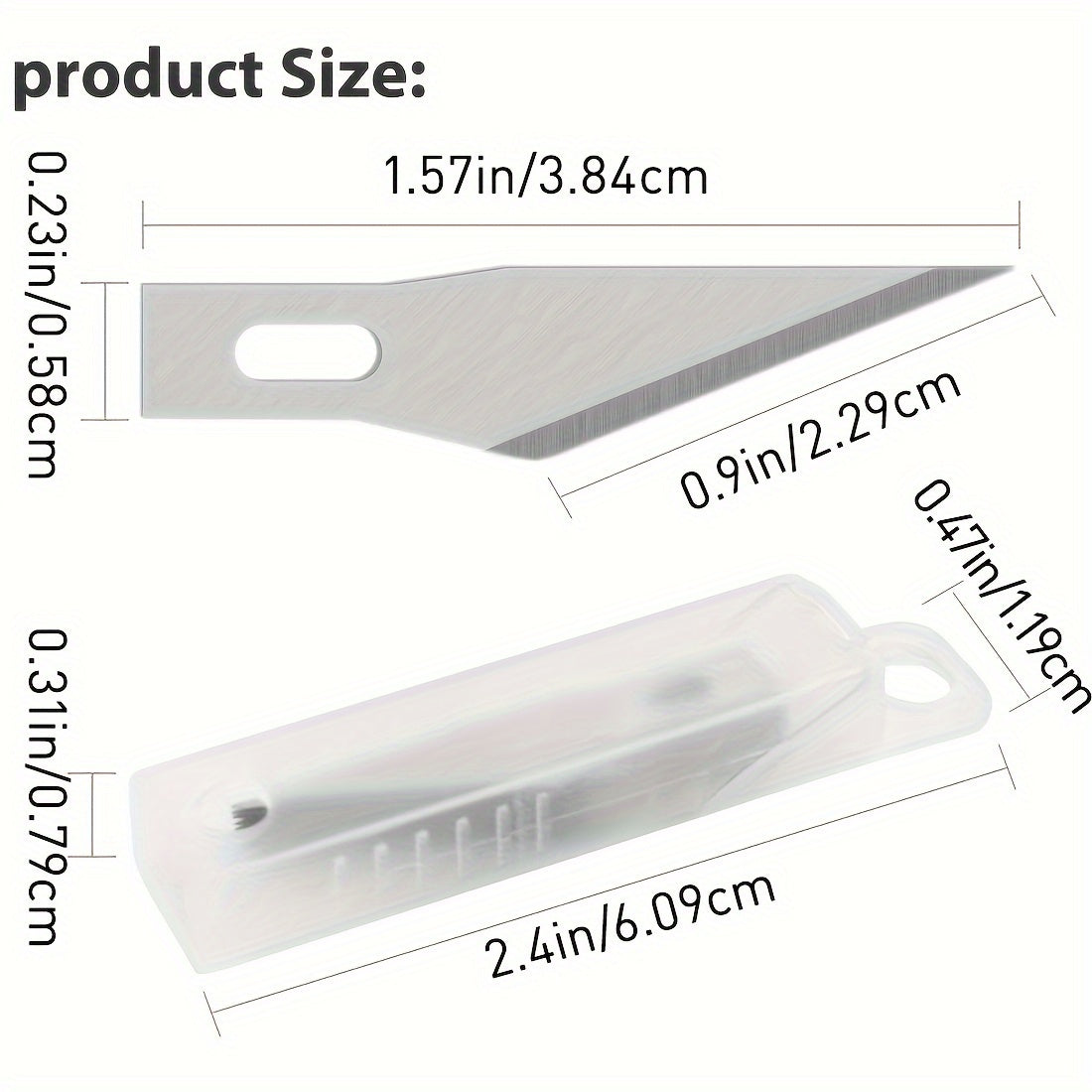 Precision craft knife blades with clear storage case and product size measurements