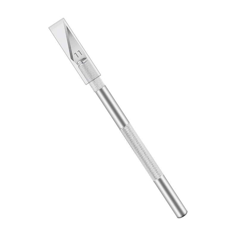 Silver aluminum precision craft knife with No.11 blade and textured grip