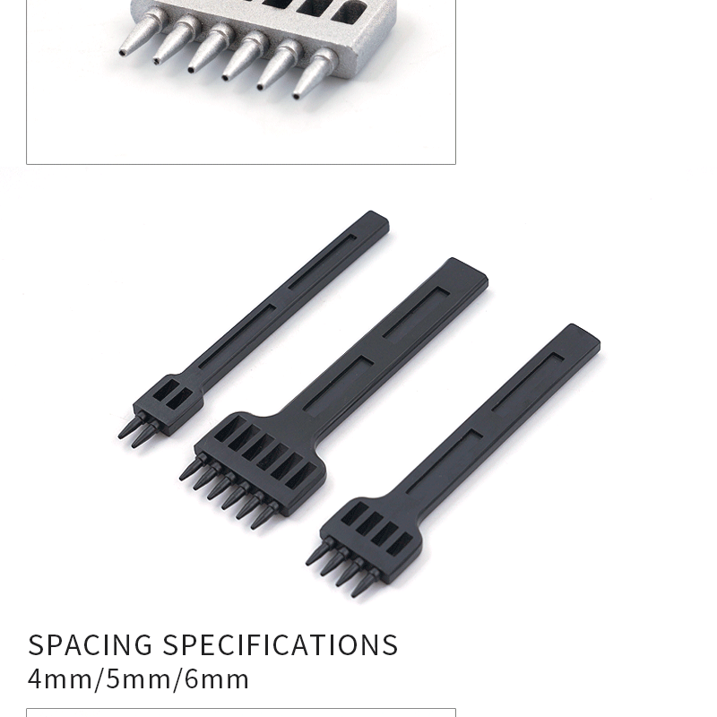 Black leather hole punch set with three bars and metal pins; spacing 4mm–6mm