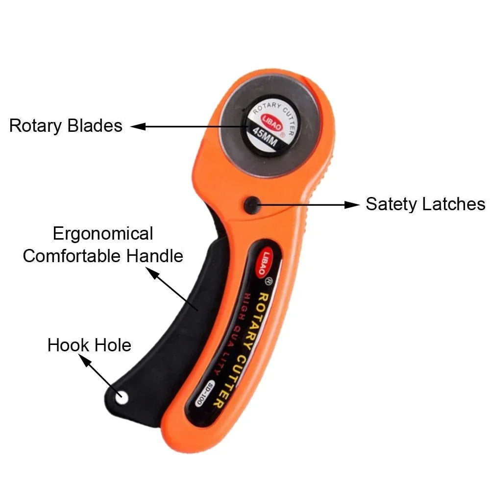 45mm rotary cutter for leather with safety latches, hook hole, and ergonomic handle