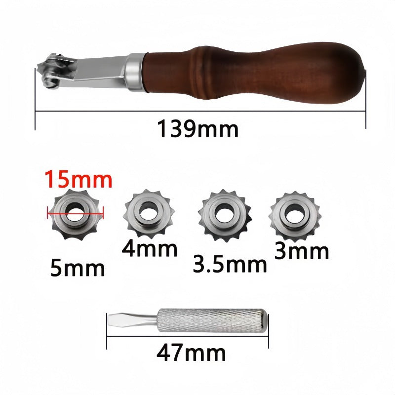 Leather pricking wheel with wooden handle and four interchangeable roller spacers