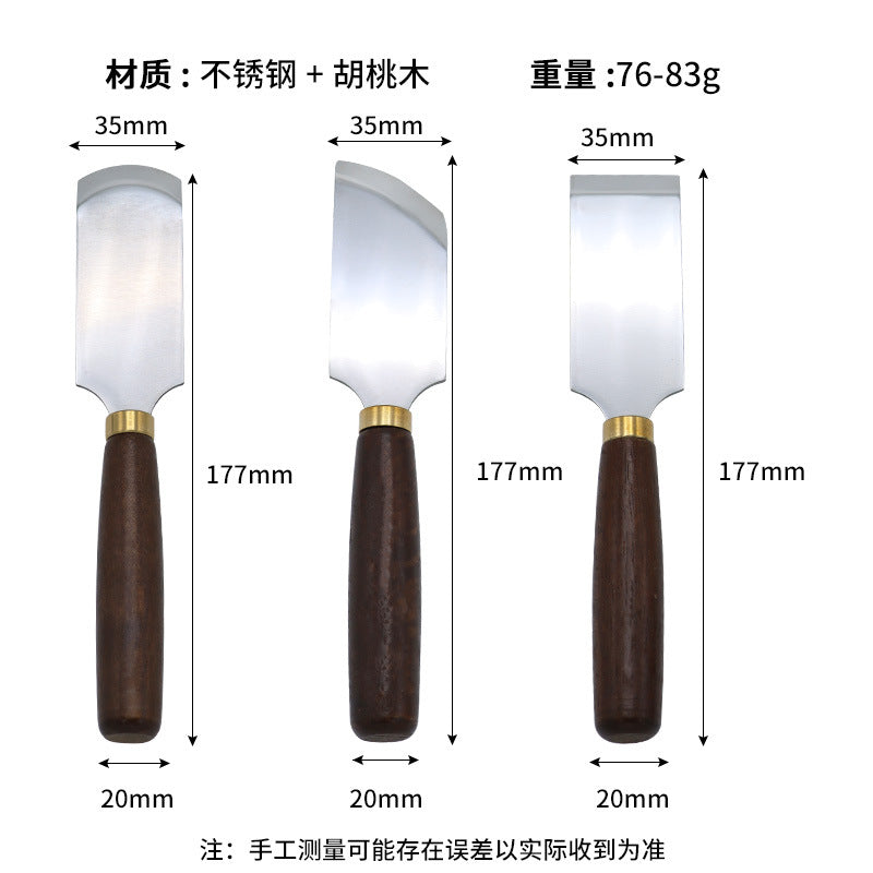 Leather skiving knife size diagram showing three blade shapes with dark wooden handles