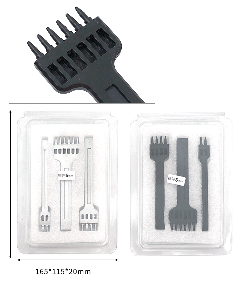 Black leather hole punch set shown with included plastic case and punch pieces