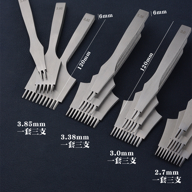 Steel French stitch chisels set showing 2.7mm, 3.0mm, 3.38mm, 3.85mm spacings