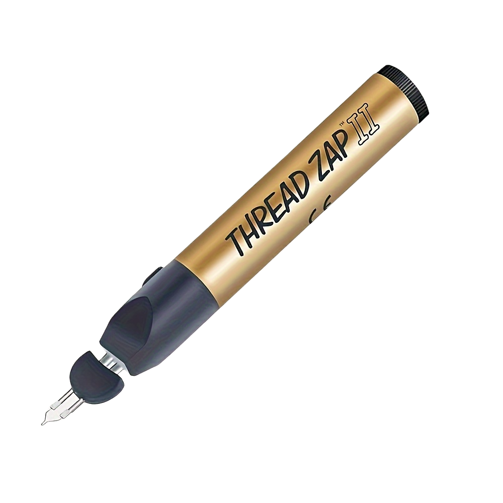 Thread burner pen with black nozzle and gold body, metal plug tip
