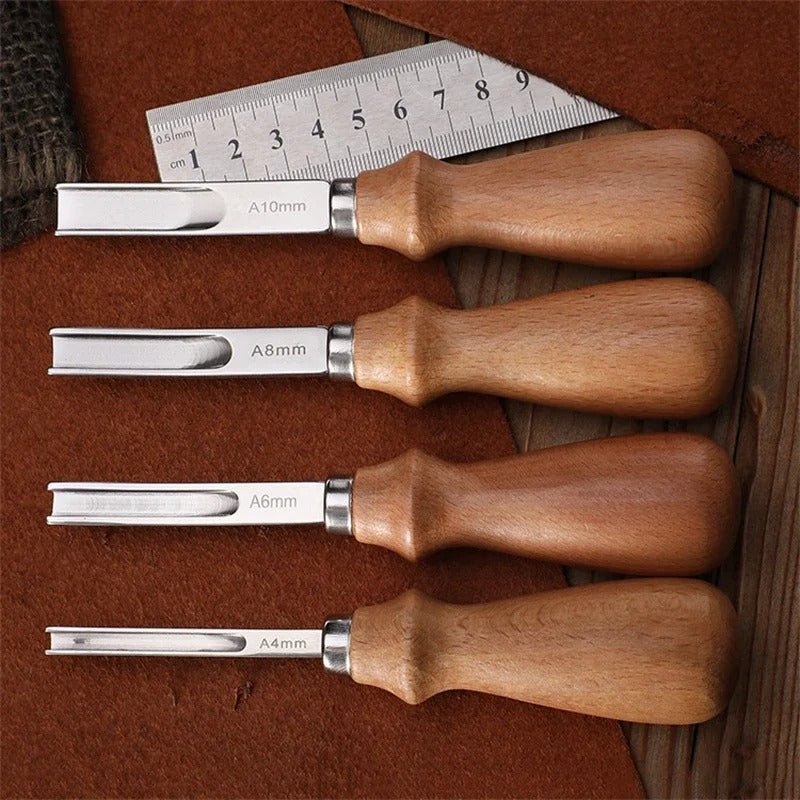 Four wooden-handled edge bevelers labeled A10mm, A8mm, A6mm, A4mm