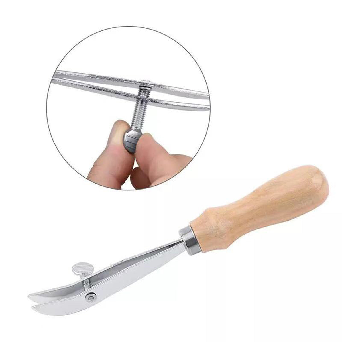 Adjustable edge creaser tool with wood handle and adjustable screw, shown in use