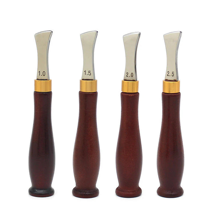 Leather edge creaser tool set of four with wood handles and labeled metal blades