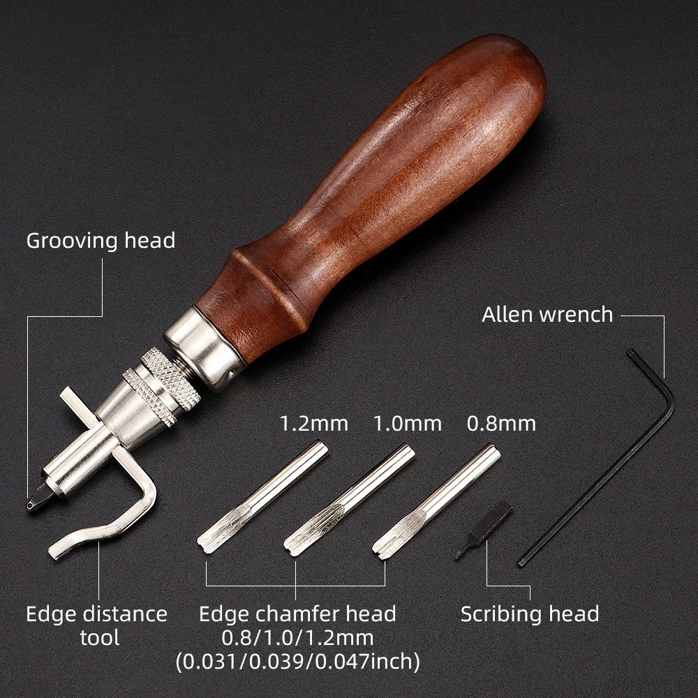 Leather grooving tool with wooden handle and multiple interchangeable edge and scribing heads