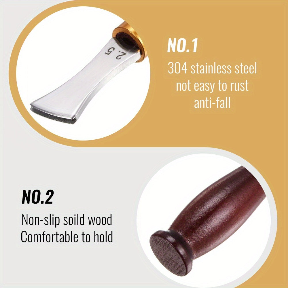 Leather edge creaser tool with stainless-look metal blade and dark wood handle, gold collar