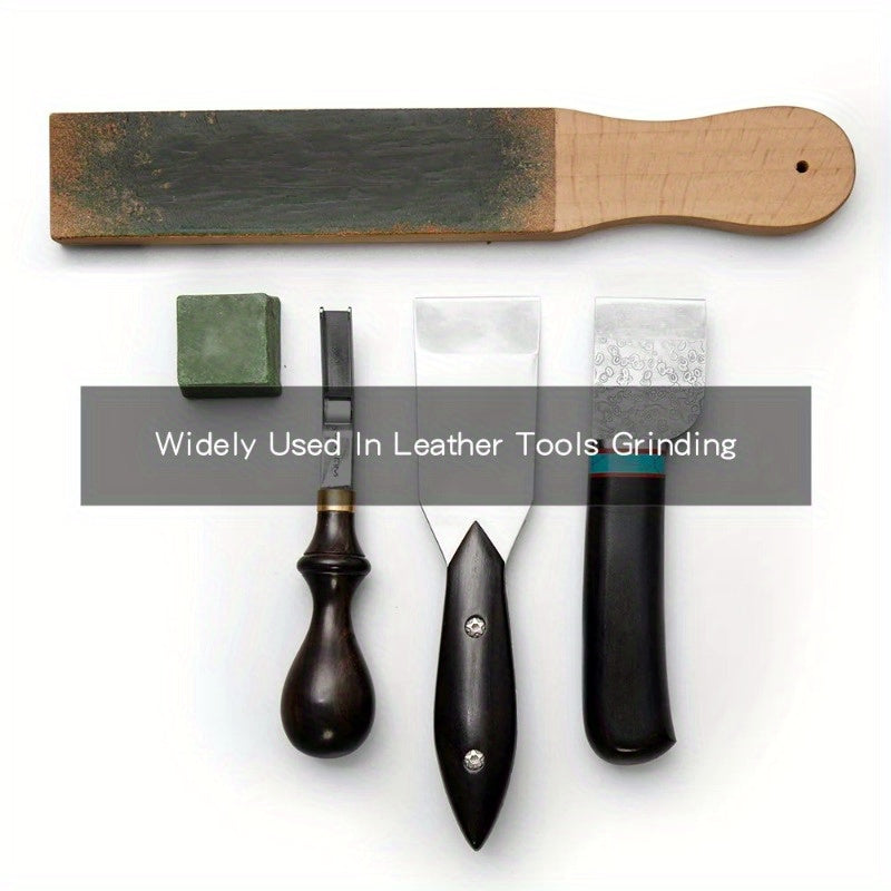Leather strop with wooden handle and green compound block