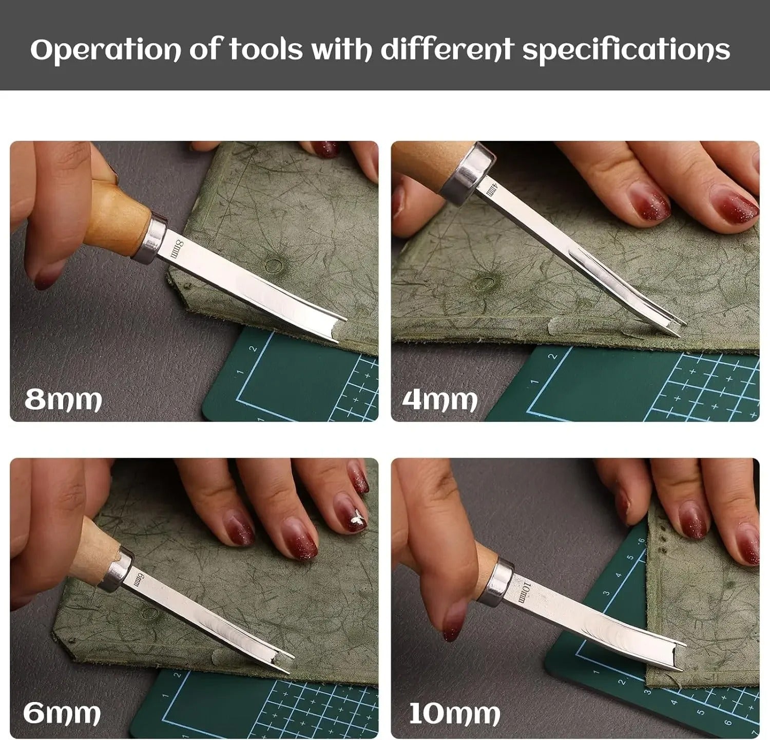 Leather edge beveler tool showing 8mm, 4mm, 6mm, and 10mm cutting sizes