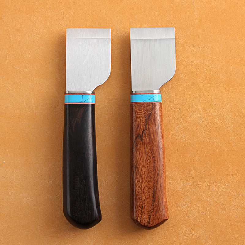 Leather cutting knife pair with HSS blades, black and wood handles with blue bands