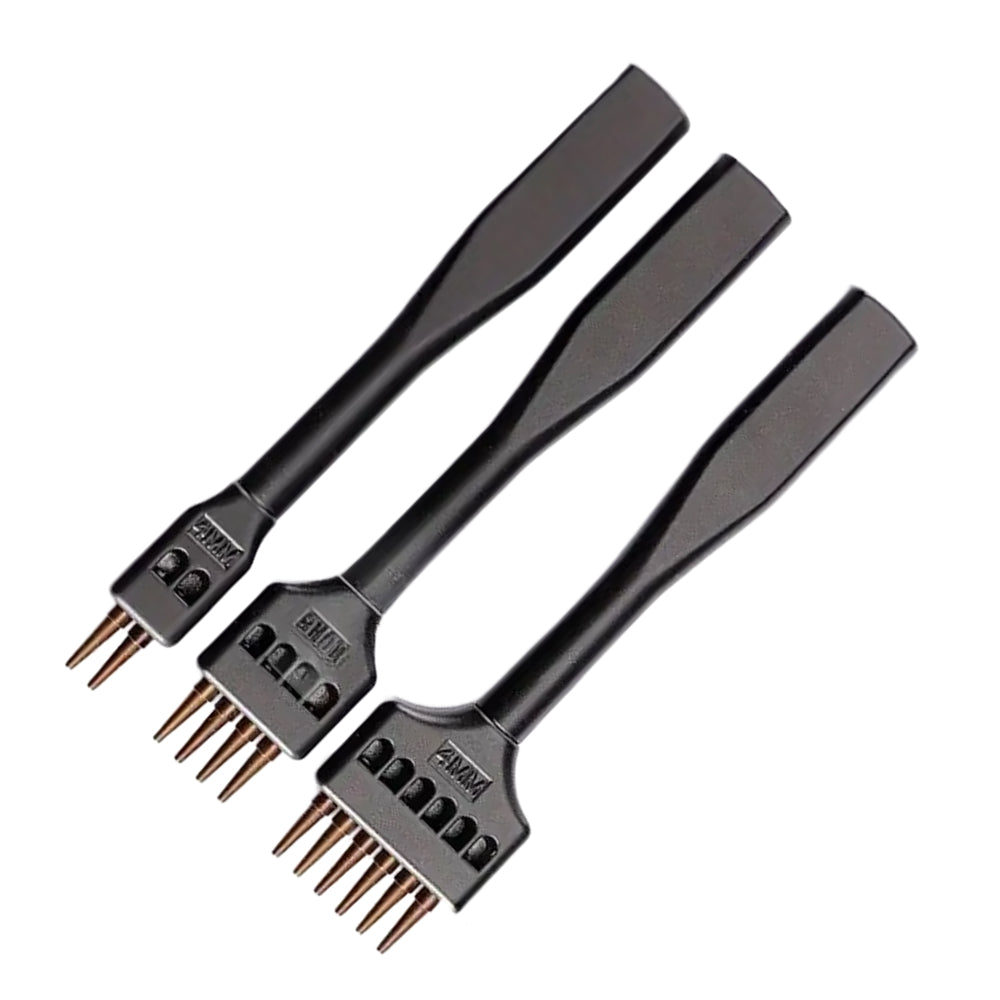 Black leather round hole punch tool set, three tools with copper-tipped pins