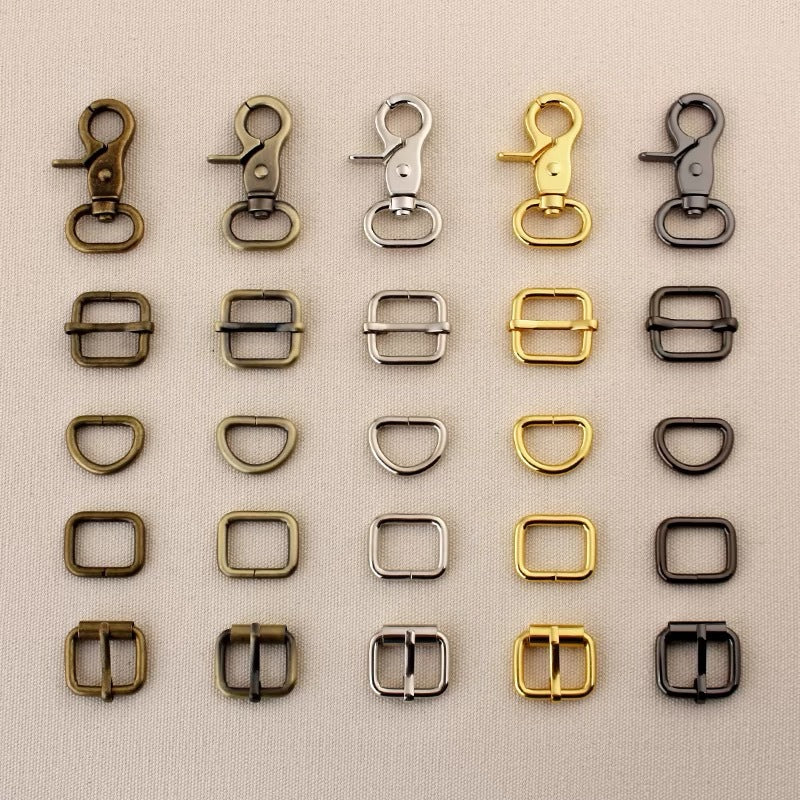 Bag hardware set color options: swivel clips and rings in bronze, silver, and gold