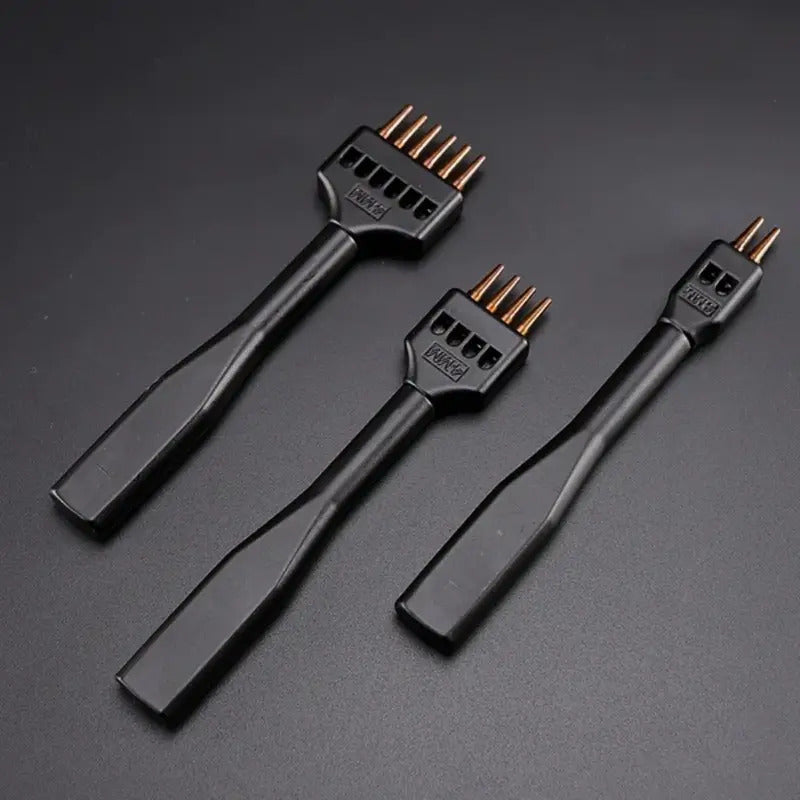 Black round hole punch tool set, three handles with copper-tipped pin heads