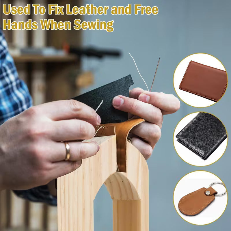 Beechwood stitching pony securing leather for sewing while hands adjust the clamp