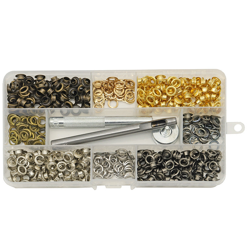 Multi-color metal eyelet and grommet kit with organizer case and metal installation punch