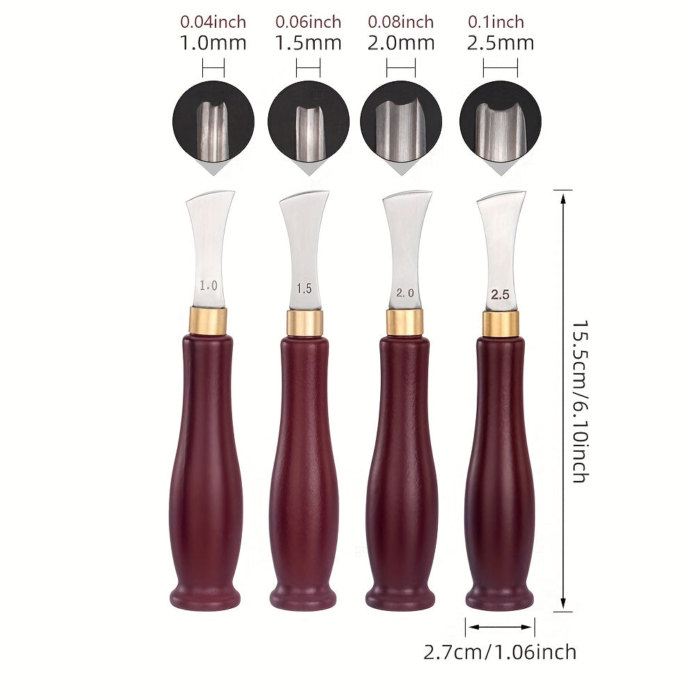 Four leather edge creaser tools with dark wood handles, each with a curved metal blade