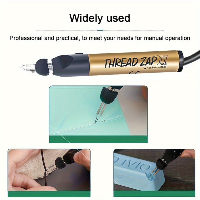 Thread burner pen with black nozzle and plug-in prongs, shown in use with cord