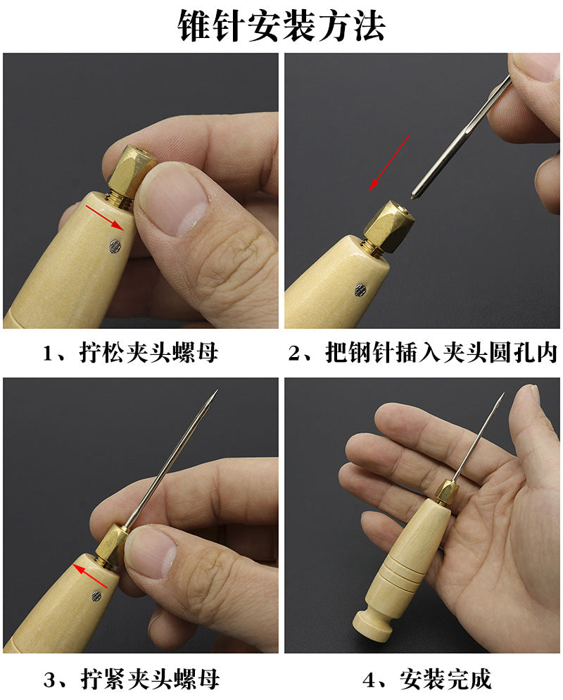 Wooden sewing awl with brass head, needles, and hands demonstrating setup steps