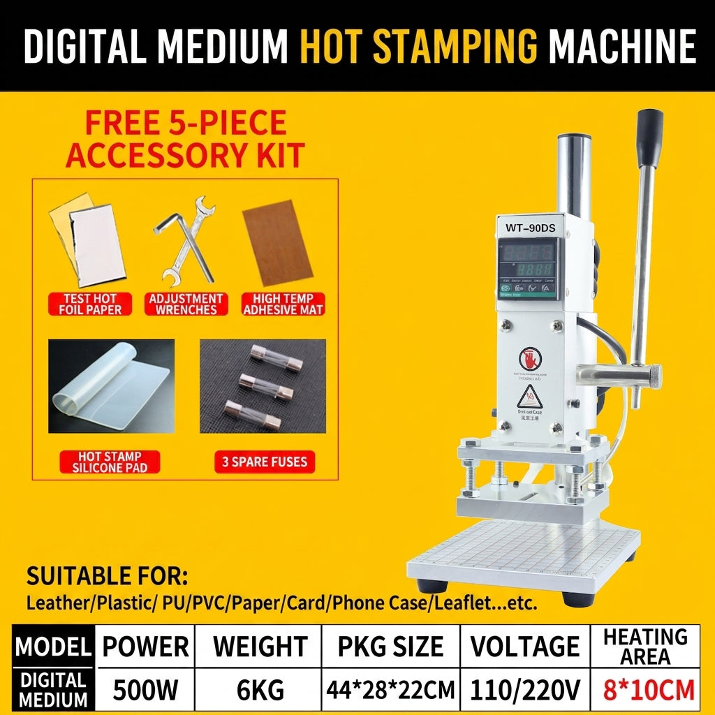 Digital hot stamping machine with LCD panel and mid-size metal base platform, press
