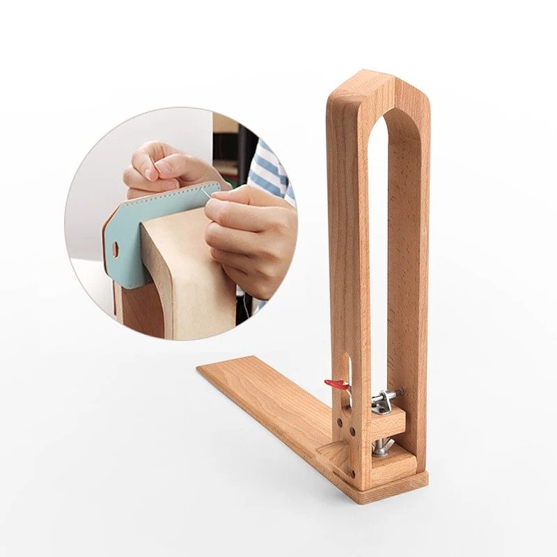 Beechwood leather stitching pony clamp with two tall posts and angled clamping board