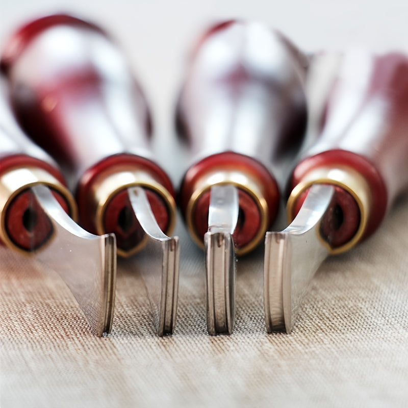 Row of leather edge creaser tools with curved blades and dark wood handles with gold collars