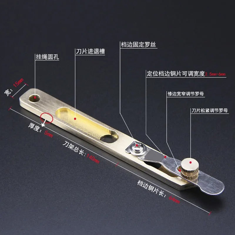 Leather line cutter with wooden base, metal blade, geared depth adjust and scale