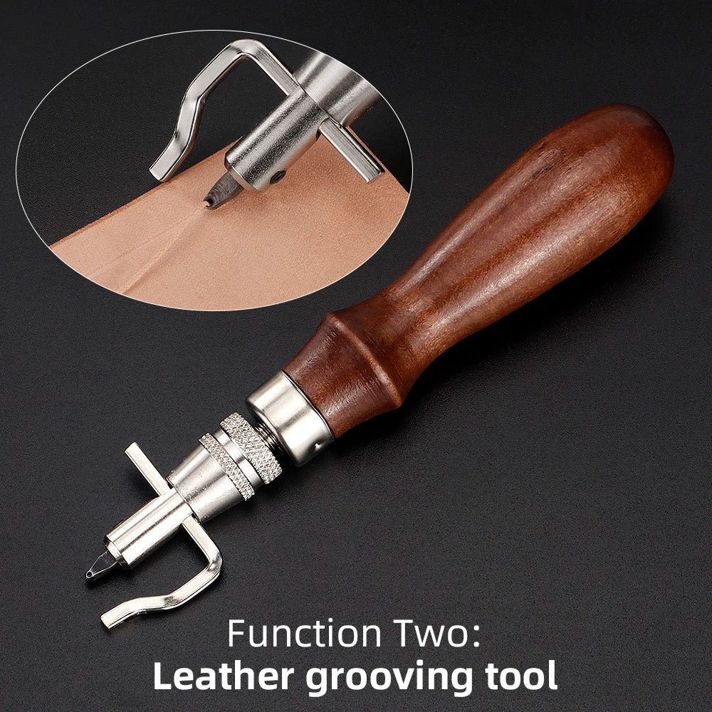 Leather grooving tool with curved U handle, brown wooden grip, and steel cutting heads