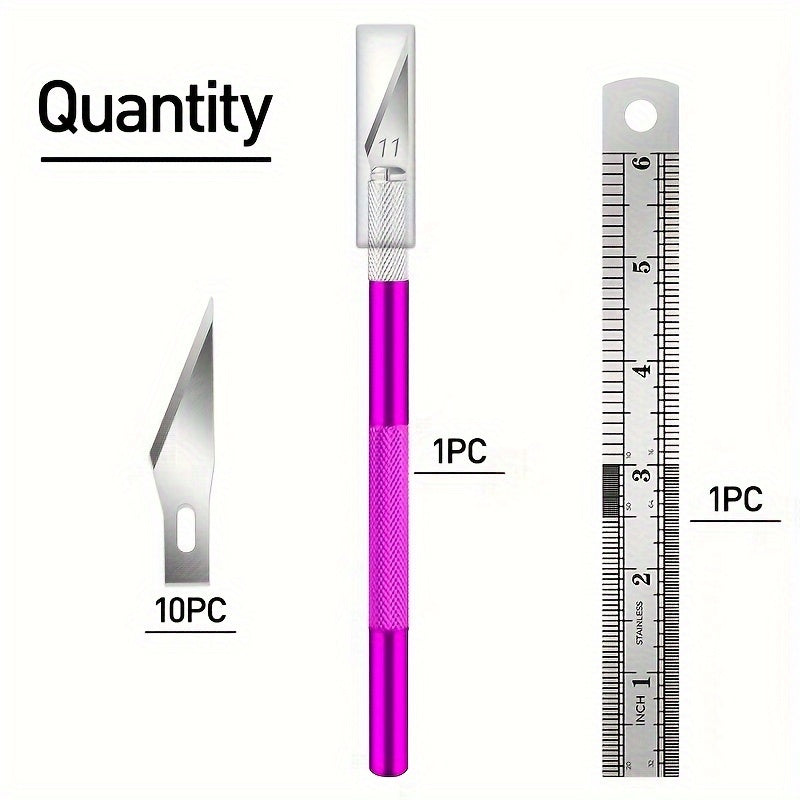 Purple-handled precision craft knife with spare blade and measuring scale