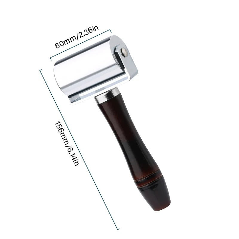 Leather roller press with dark wooden handle, 60mm chrome roller