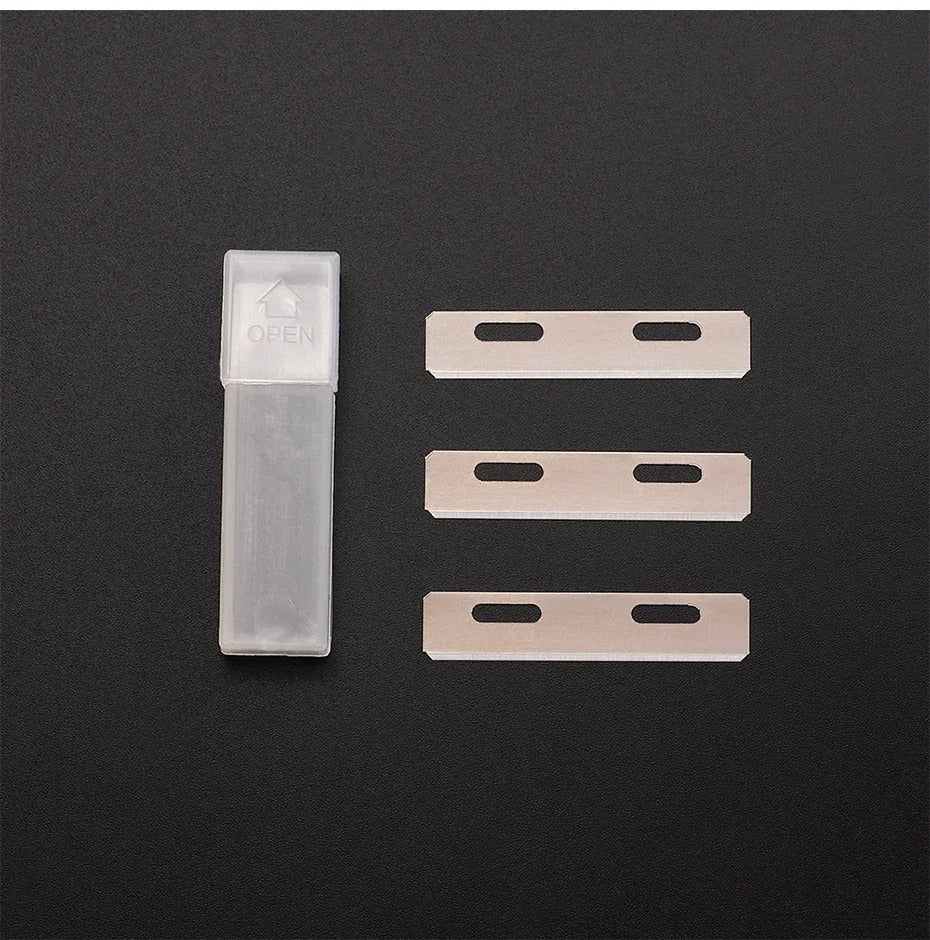 Three skiving blades for leather safety beveler with protective storage case