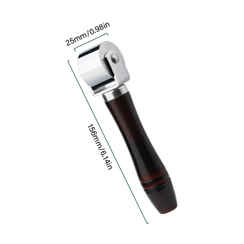 Leather roller press with 25mm chrome roller and dark wood handle, 156mm