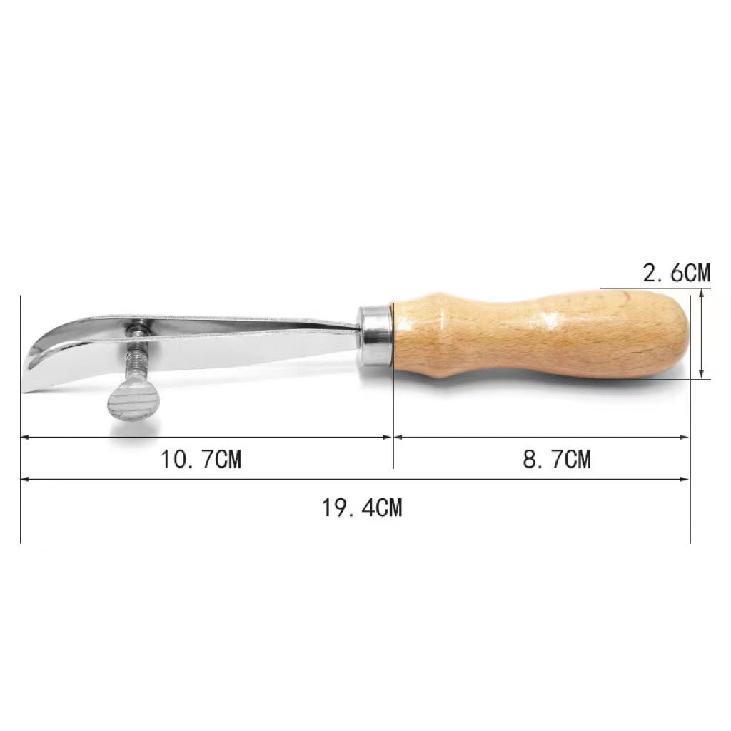 Adjustable edge creaser tool with blade and wood handle, showing size measurements